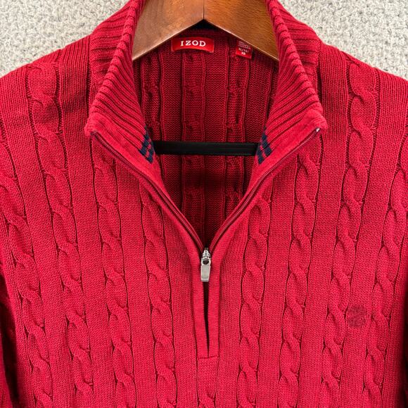 IZOD Cable Knit Sweater Mens XL Red Nautical Prep Grandpa Cotton Jumper 1/4 Zip - Picture 1 of 10